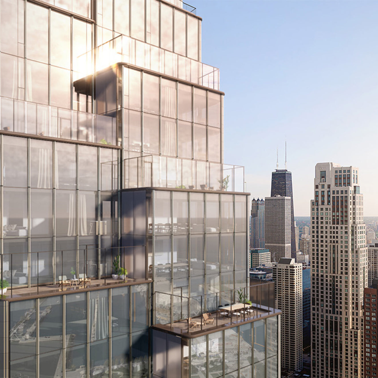 Modern glass skyscraper with city skyline in the background Lake Shore Chicago